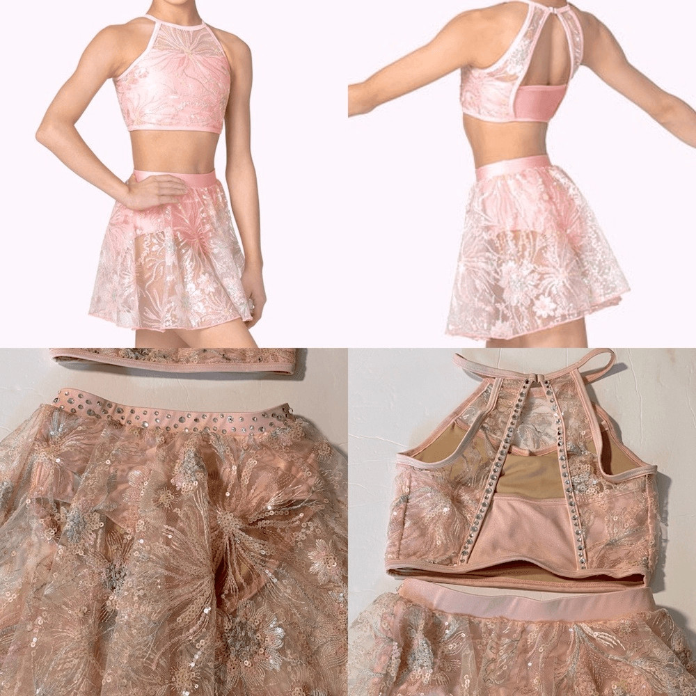 Solo glamorous dance costume leotard 2 piece pink embroidered lace rhinestone LC