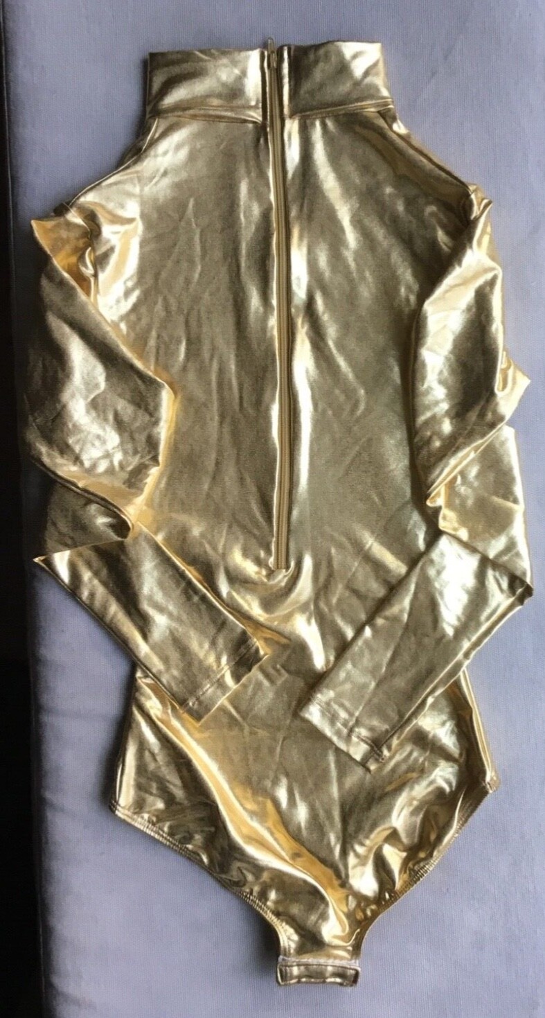 Women’s Long Sleeve Gold Metallic Spandex Turtleneck Leotard XS dance gymnastics
