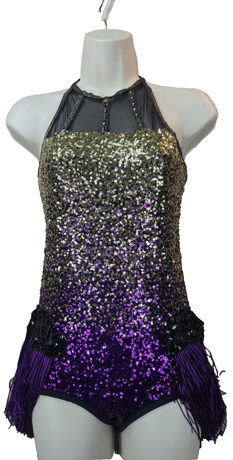 WEISSMAN Women’s SA (4/6) Purple Gold Black SEQUINS Dance Costume Tassels EUC