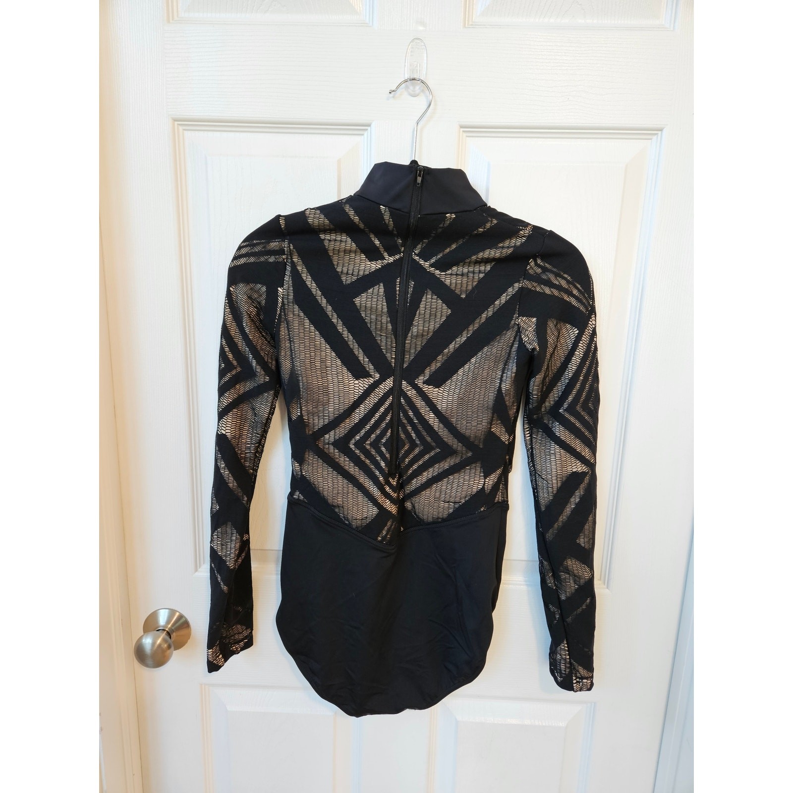 Balera MA Black Geometric Mesh Bodysuit Dance Costume Long Sleeve Mock Neck