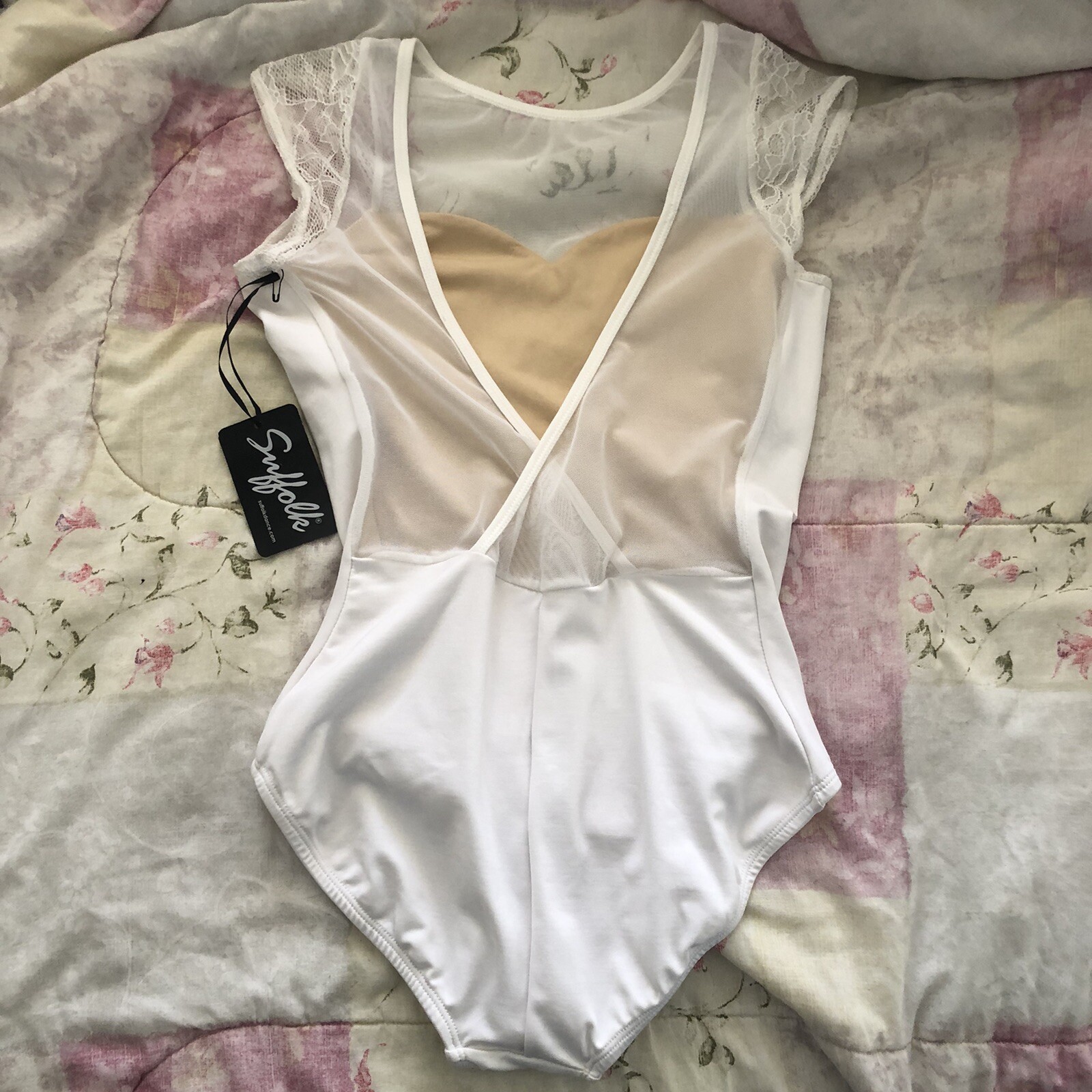 NWT Suffolk Dance Ballet Audrey Cap Sleeve Lace Leotard Large