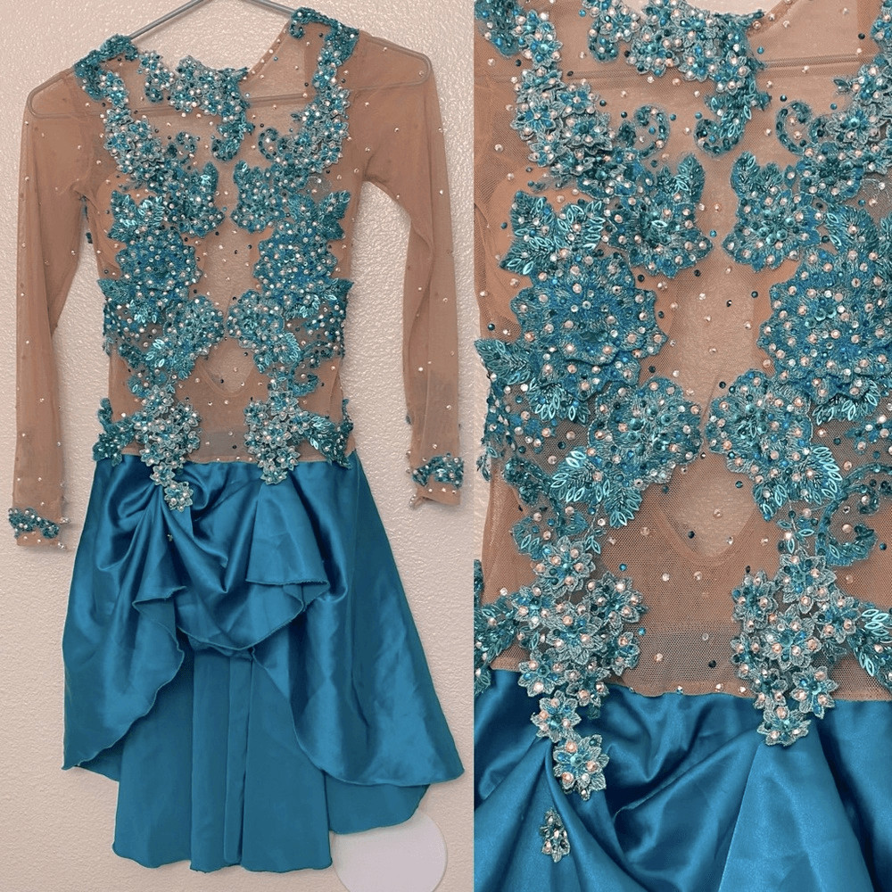 Custom solo dance costume leotard dress lyrical teal rhinestone embellished XSA