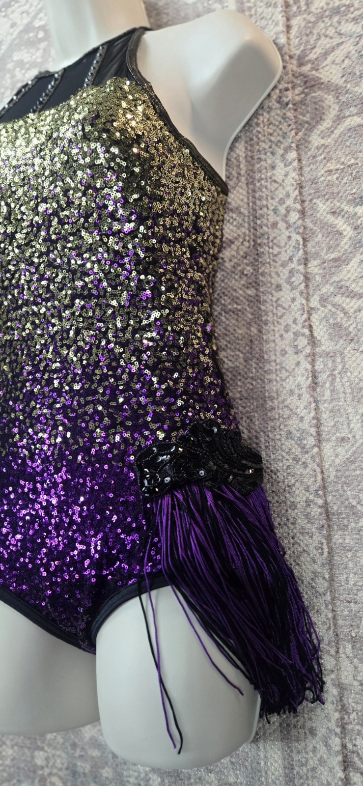 WEISSMAN Women’s SA (4/6) Purple Gold Black SEQUINS Dance Costume Tassels EUC