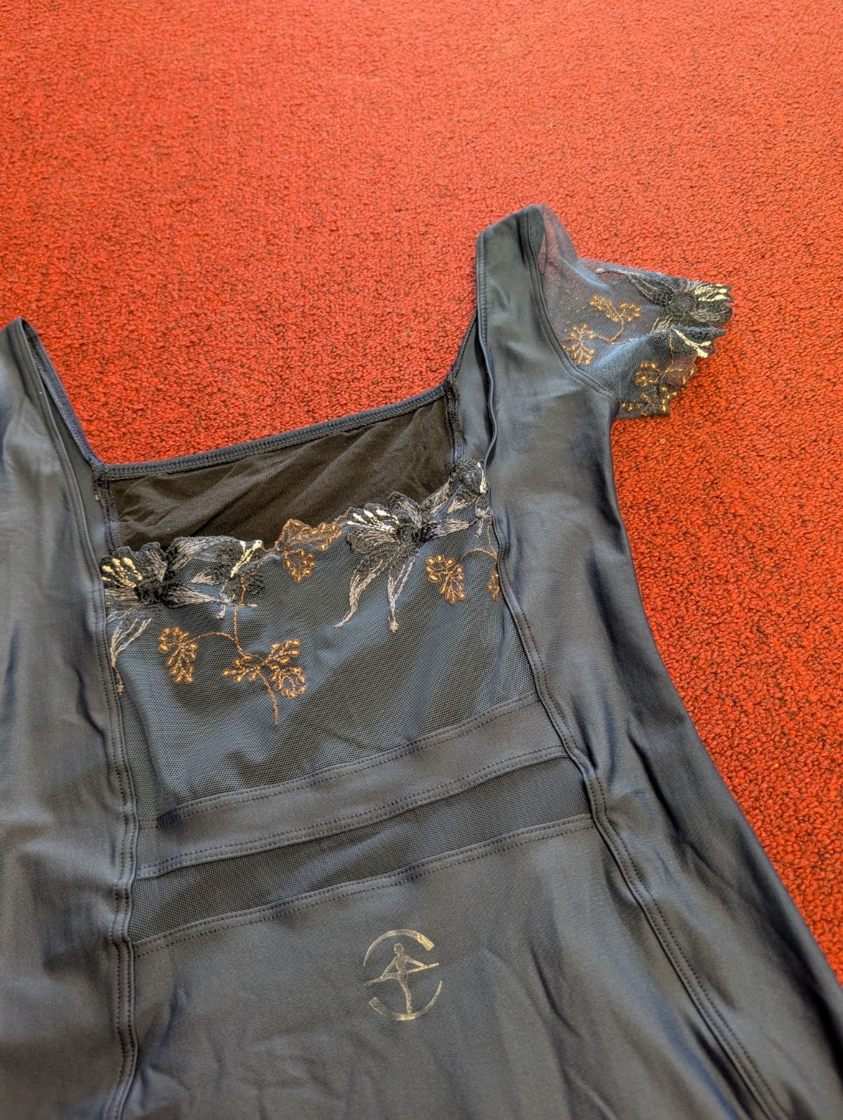 Wear Moi Liseron Navy Cap Sleeve Leotard With Floral Lace Sleeves Accents Dance