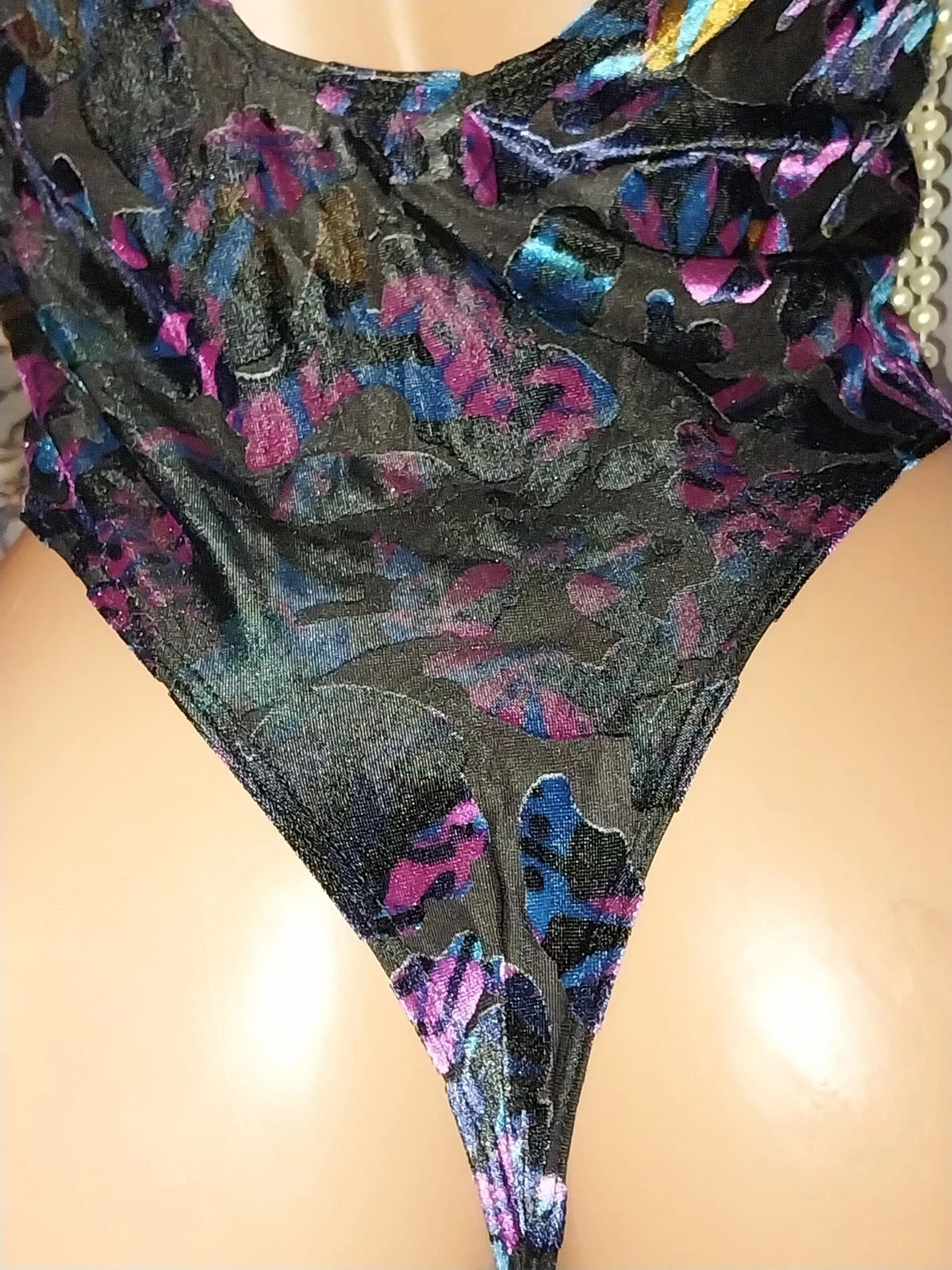 VTG STYLE SILKY SHEER PINK BLUE MIX RAUMA THONG BODYSUIT UNITARD SKINS ROMPER L