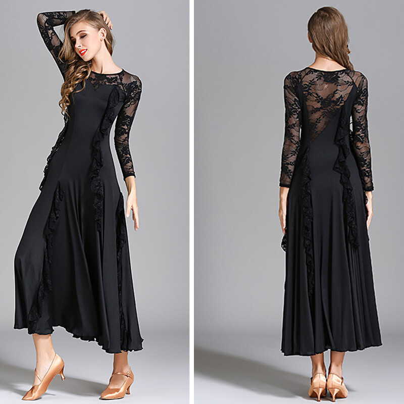 Women Long Sleeve Swing Dance Dress Modern Waltz Professional Ballroom Dancewear