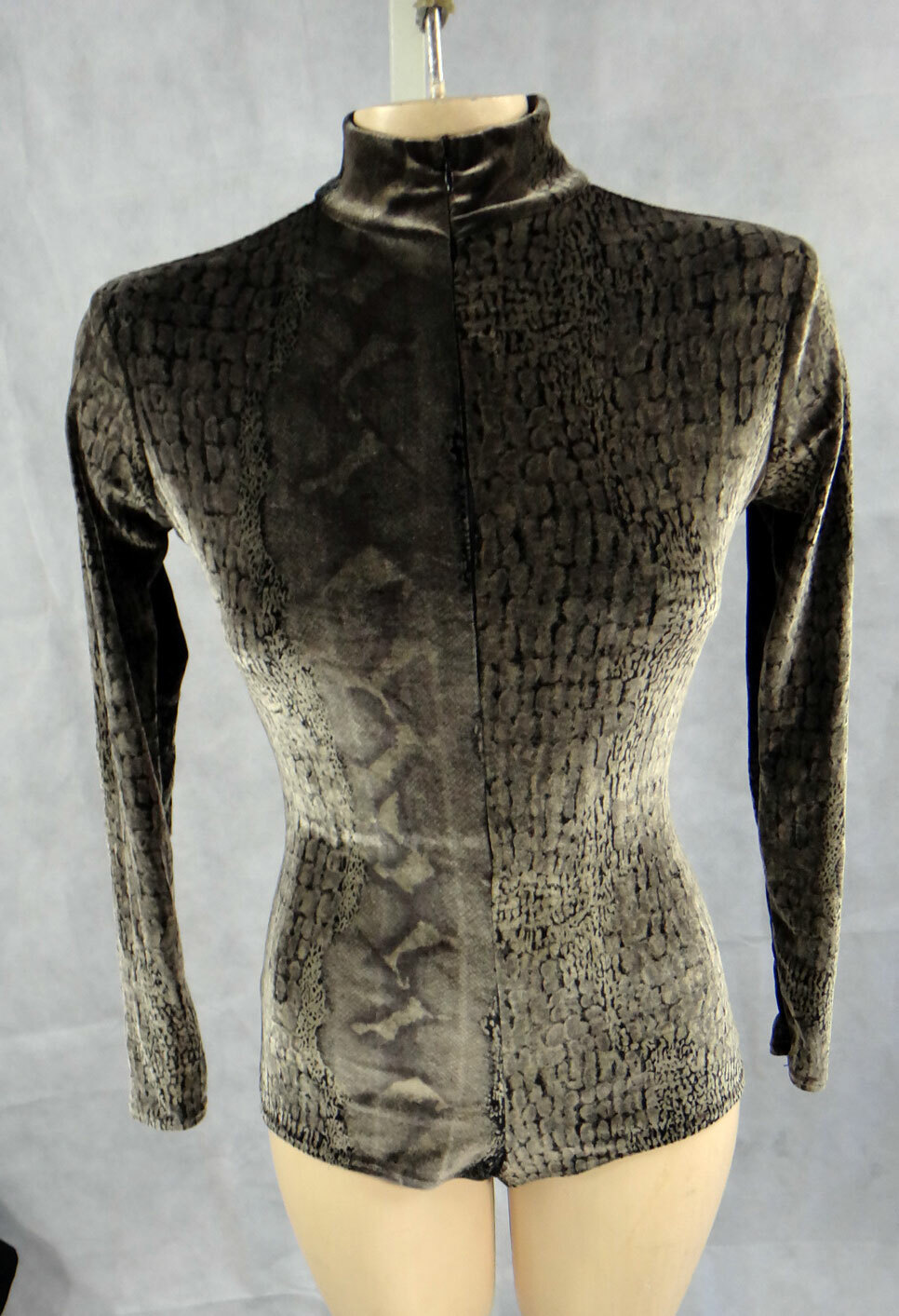 Velvet leotard dancewear long sleeve singlet SMALL Je TAIME snake skin front zip