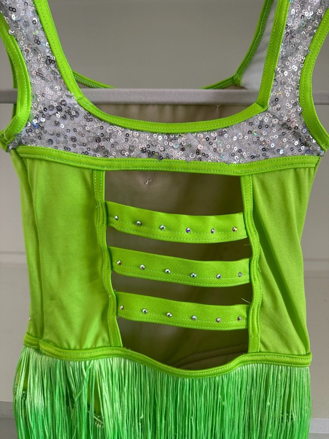 WEISSMAN Neon Green Sleeveless Dance Leotard with Fringe