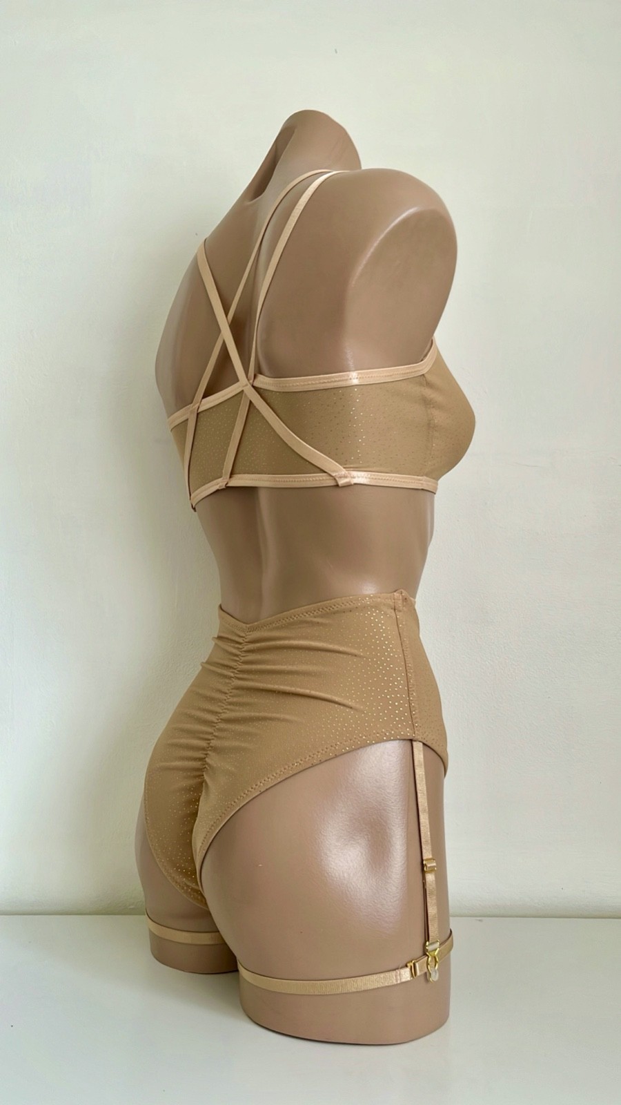 Schminke 👄 pole dance wear sheer nude gold mesh crop top & bottoms high waist