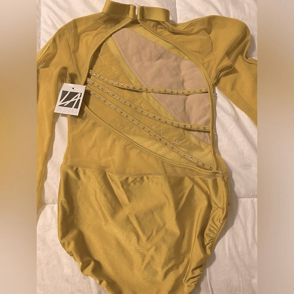 LA dance designs dance custom gold yellow costume embellished rhinestone adult M