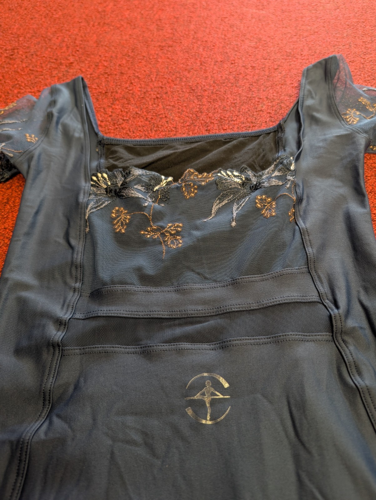 Wear Moi Liseron Navy Cap Sleeve Leotard With Floral Lace Sleeves Accents Dance