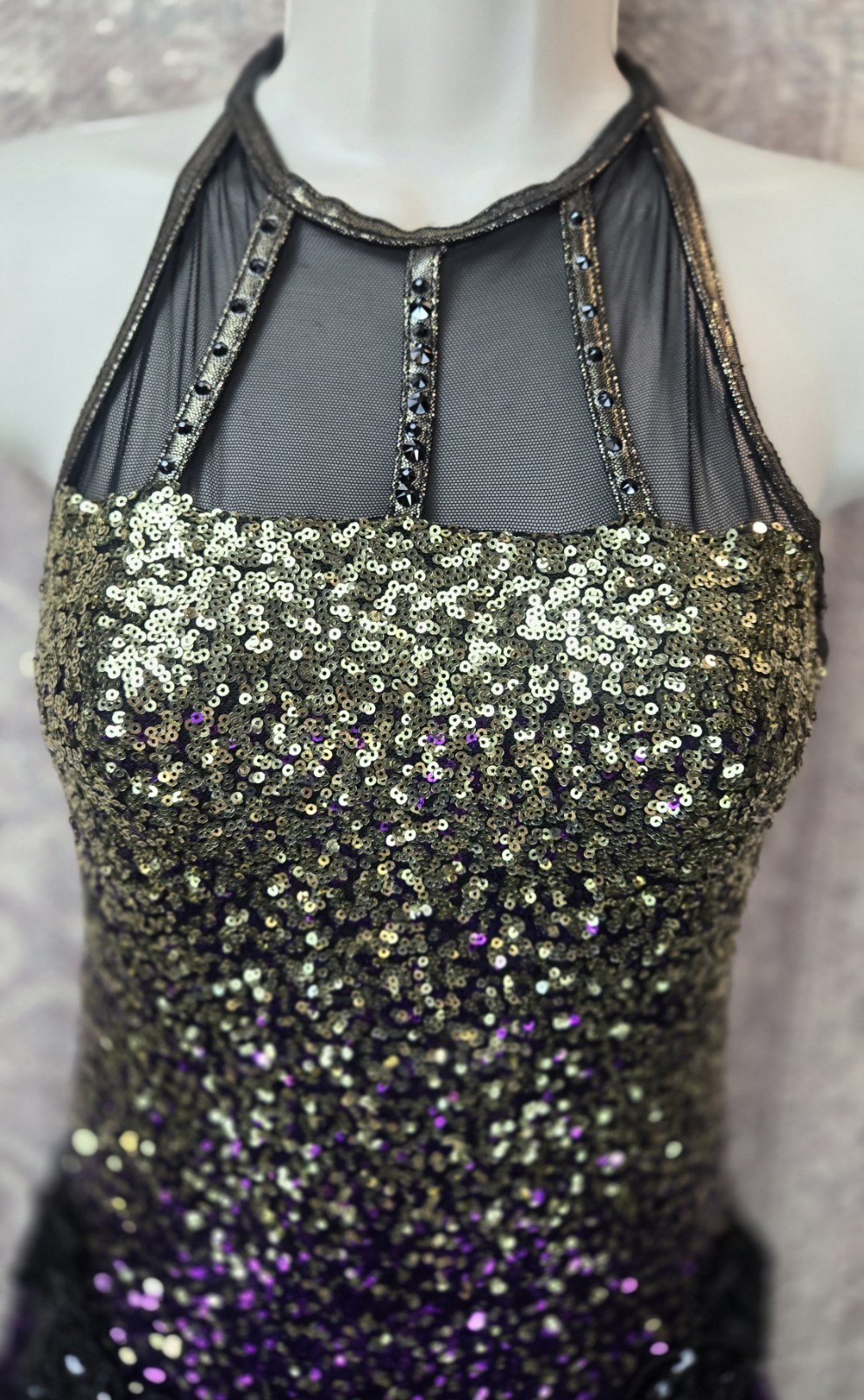 WEISSMAN Women’s SA (4/6) Purple Gold Black SEQUINS Dance Costume Tassels EUC