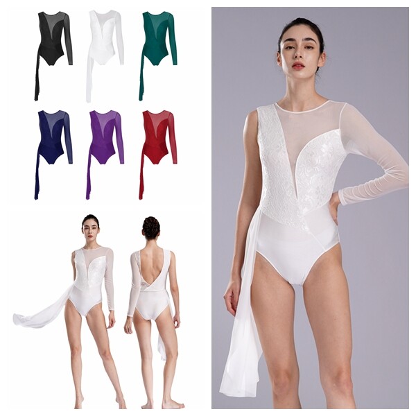 Womens Lyrical Dance Floral Lace Patchwork Leotard Stage Performance Bodysuit