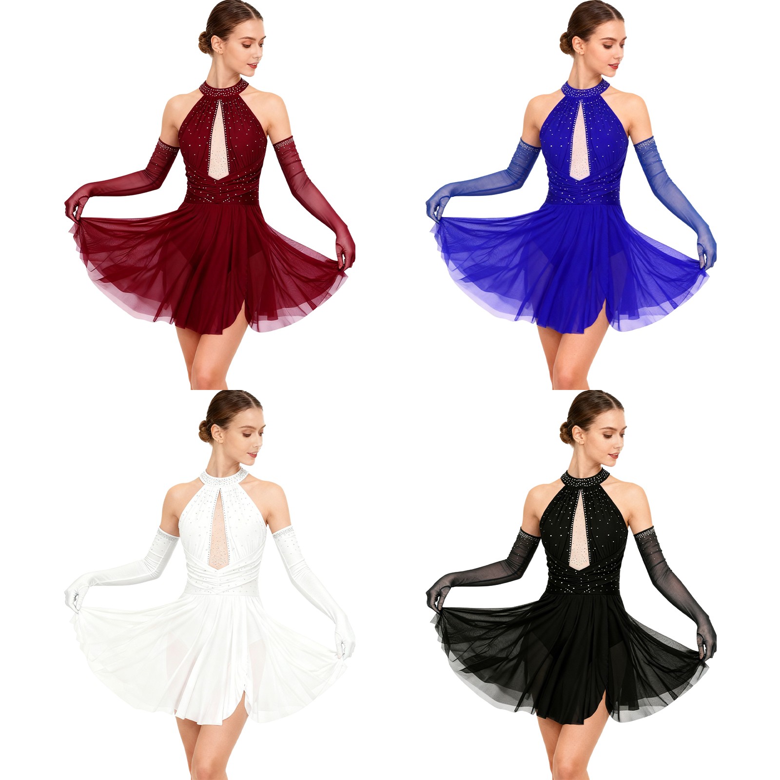 Womens Dress Modern Dancewear Backless Outfit Stage Gloves Gymnastic Dance Set