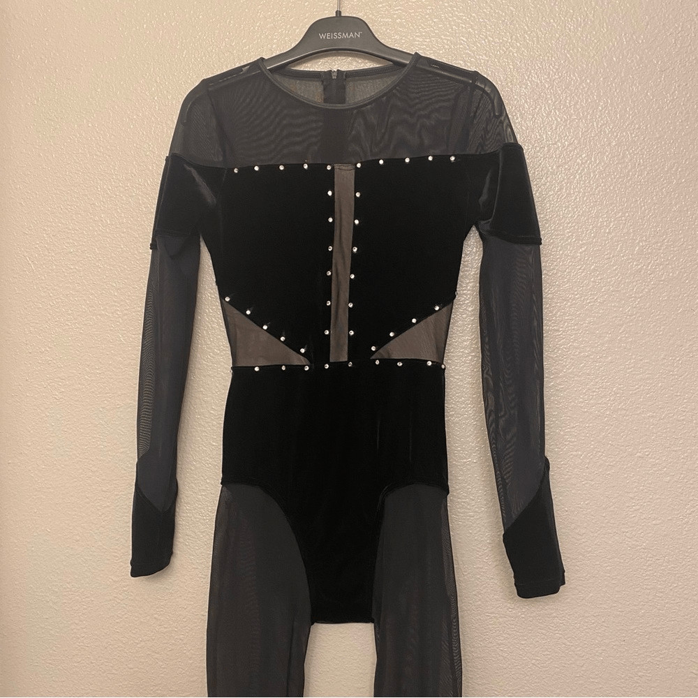 WEISSMAN Elite Dance Costume black Velvet Illusion Unitard rhinestone V12241 SA