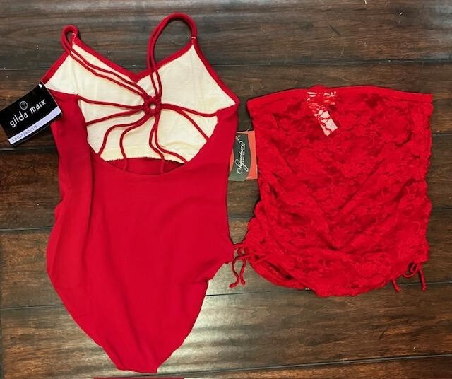 NWT Set RED Gilda Marx Ballet Leotard & Capezio Mesh Dance Skirt Adult L / XL