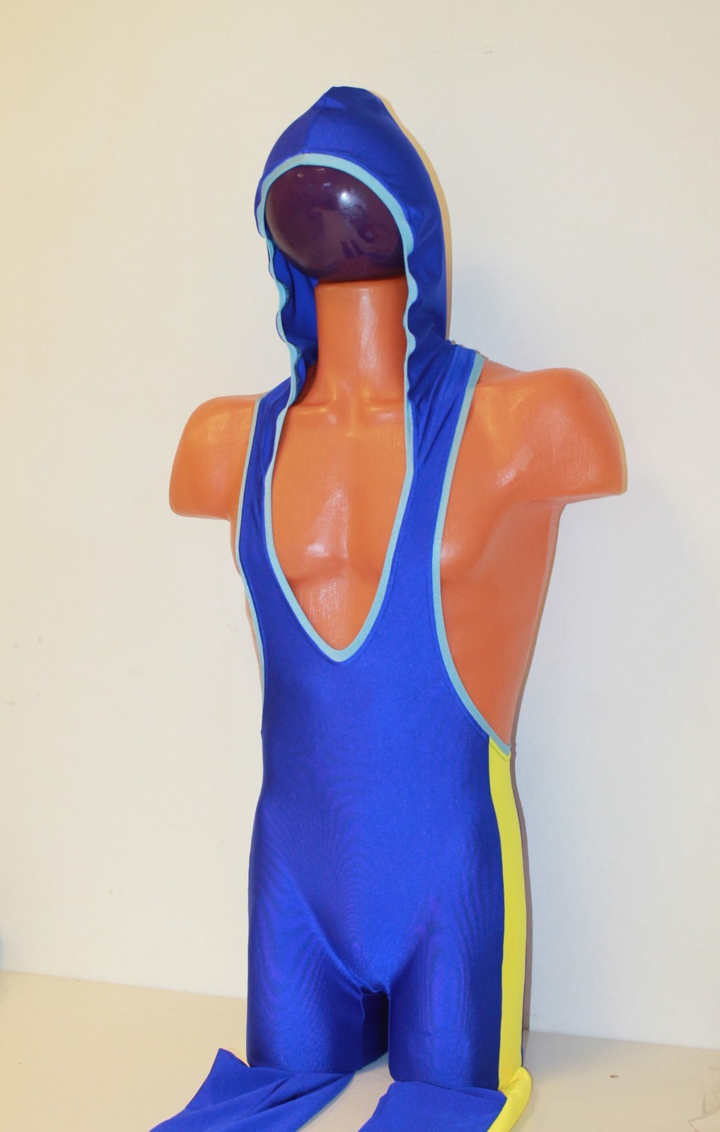 Men Long Unitard 302-68 Hood Side Insert Blue Spandex Light Blue Edging Size M