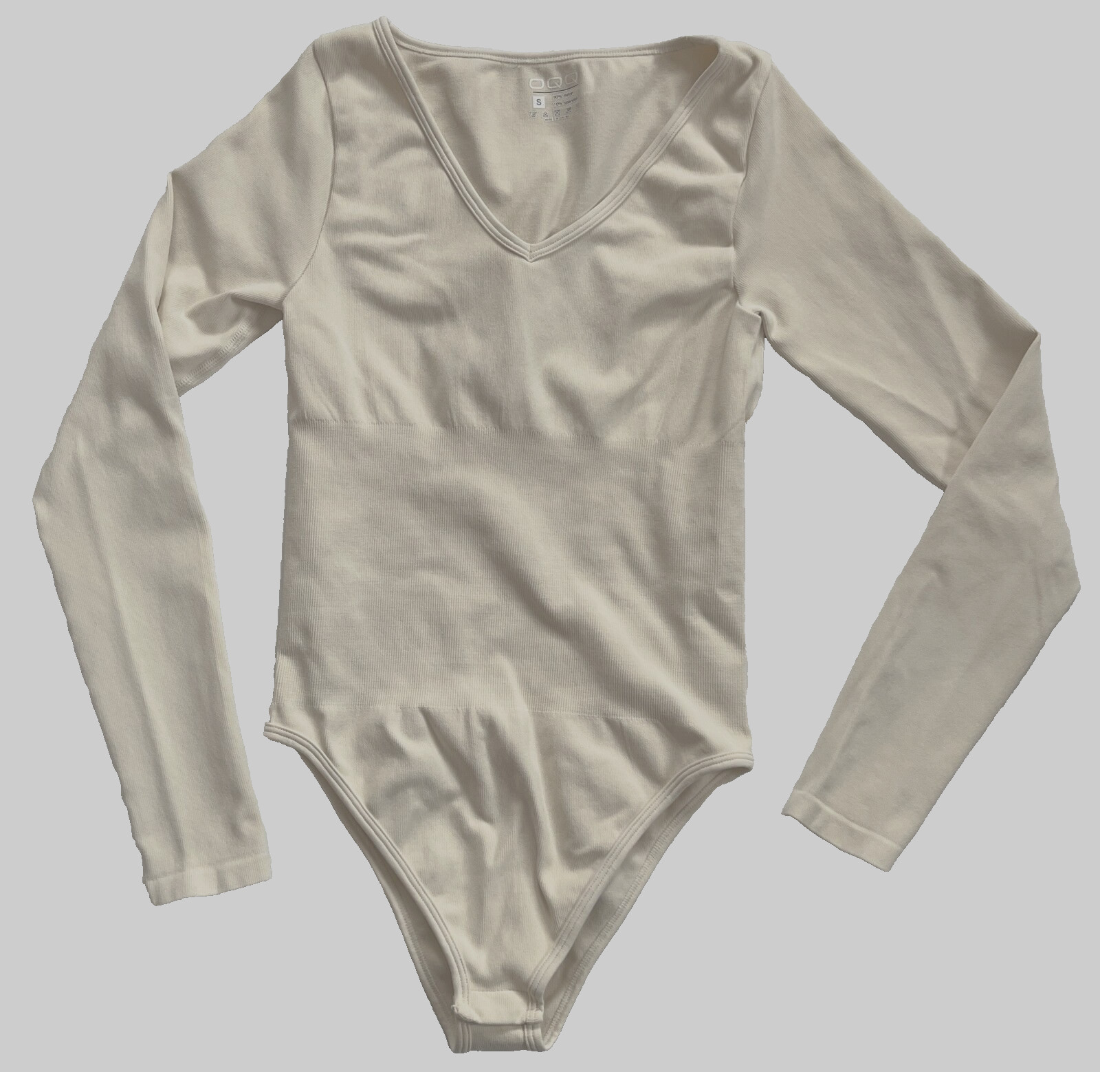 OQQ ACTIVEWEAR Ivory Cream V Neck Long Sleeve Bodysuit Womens S