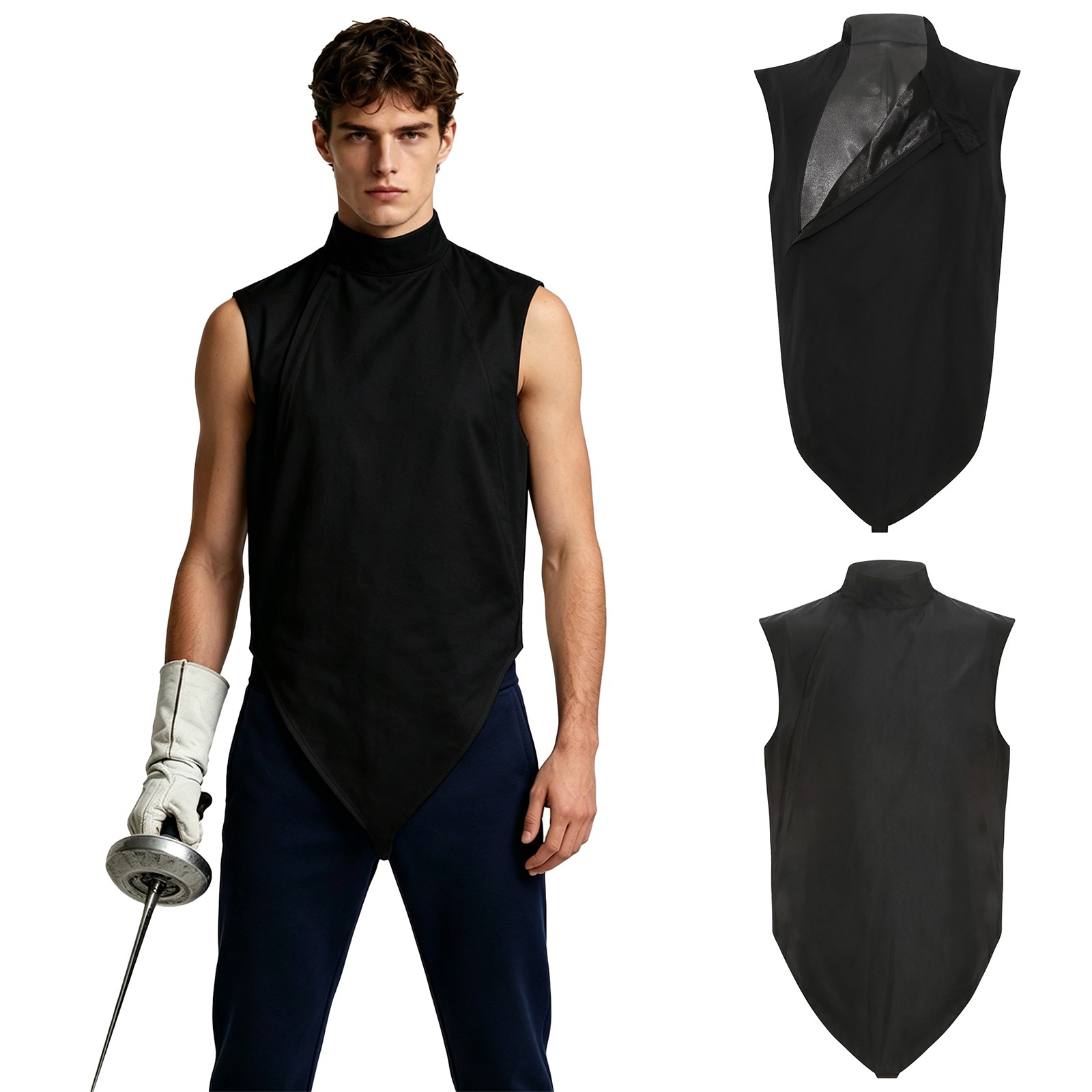 Mens High Neck Sleeveless Wrap Front Tank Top Asymmetric Fencer Blouse Shirt