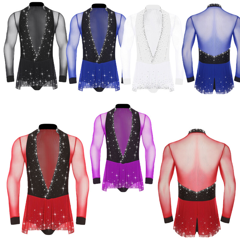 US Men Dance Shirt Shiny V-neck Bodysuit Tops Ballroom Salsa Samba Latin Leotard