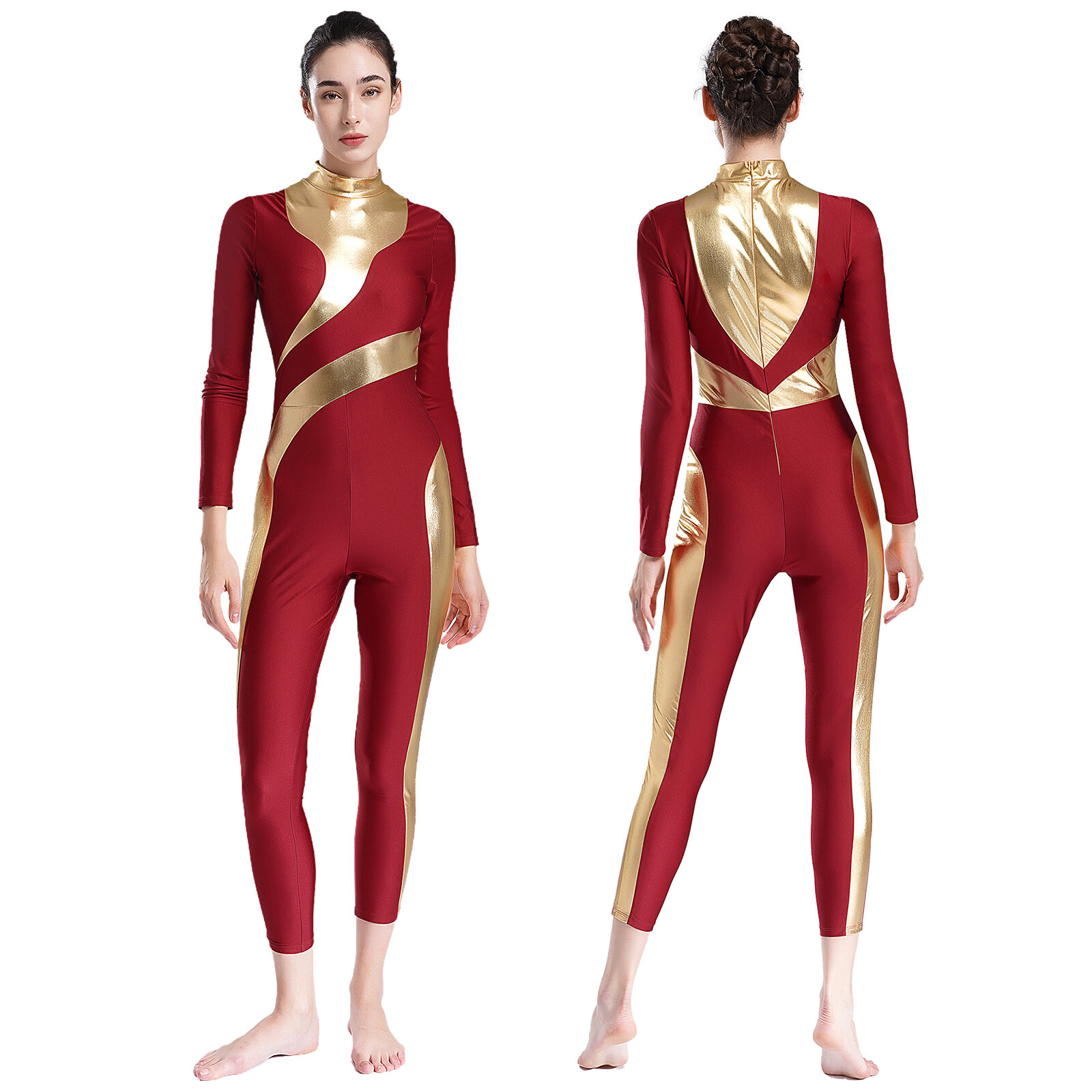 Womens Dance Performance Bodysuit Mock Neck Full Length Jumpsuit Prom Yoga