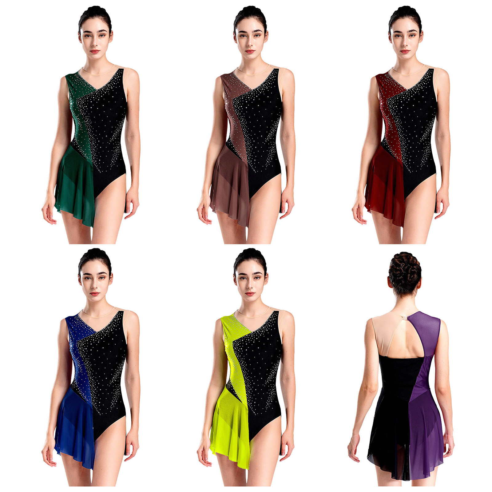 Womens Figure Skating Dance Costume Rhinestones Color Block Sleeveless Leotard