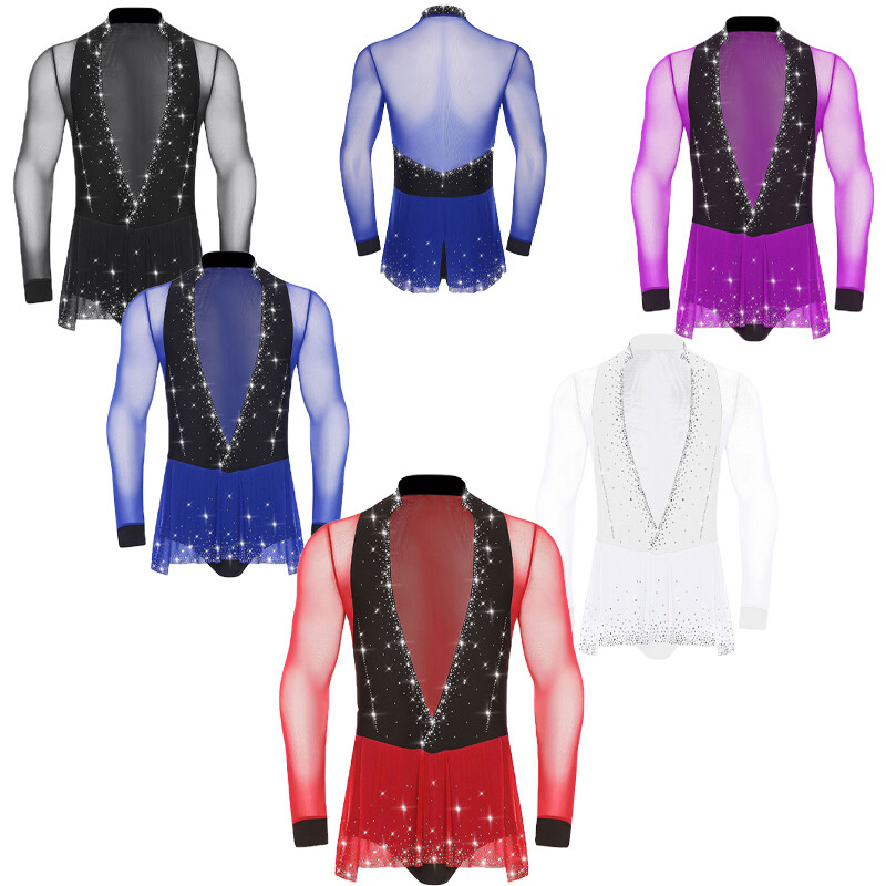 US Men Dance Shirt Shiny V-neck Bodysuit Tops Ballroom Salsa Samba Latin Leotard