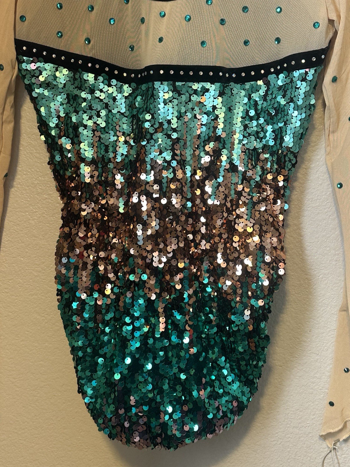 Glamour Costumes Dance Mesh Sequin Gem Long Sleeve Leotard Bodysuit-Adult SA NEW