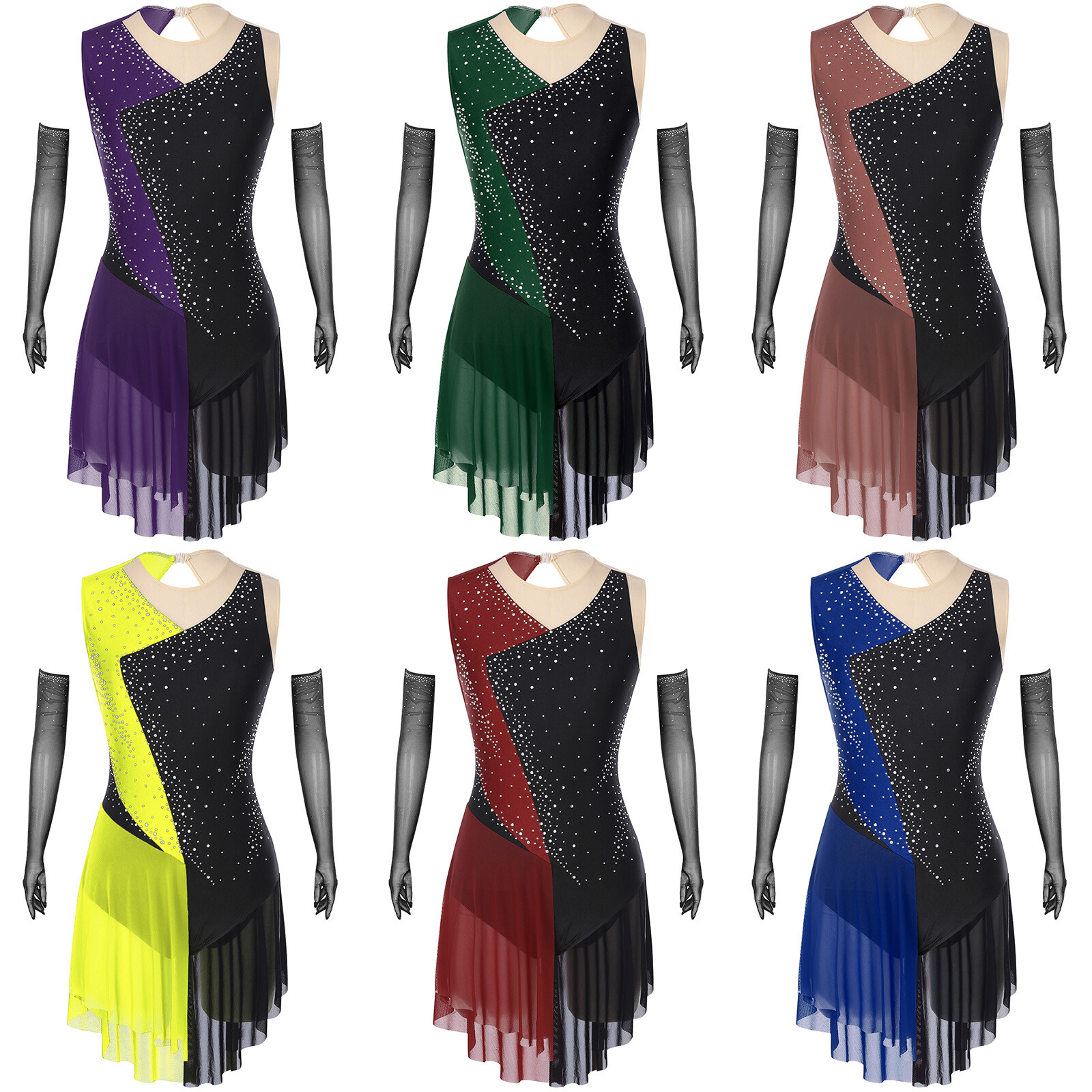 Womens Dress Figure Dancwear Asymmetrical Costume Outfit Rhinestone Competition