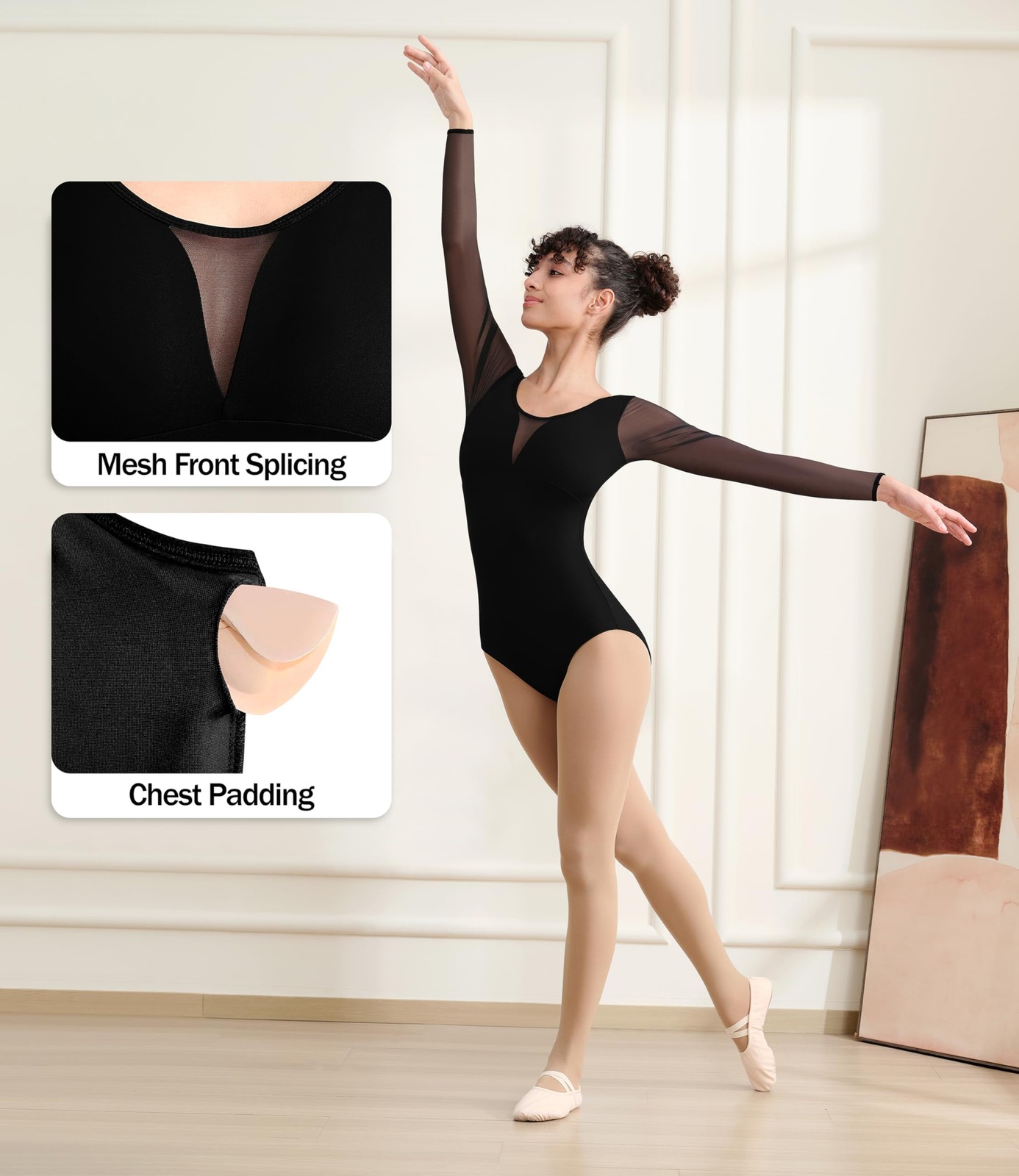 Women Dance Leotard Long Sleeve Leotard for Adult Ballet, V-shape Mesh Back, …