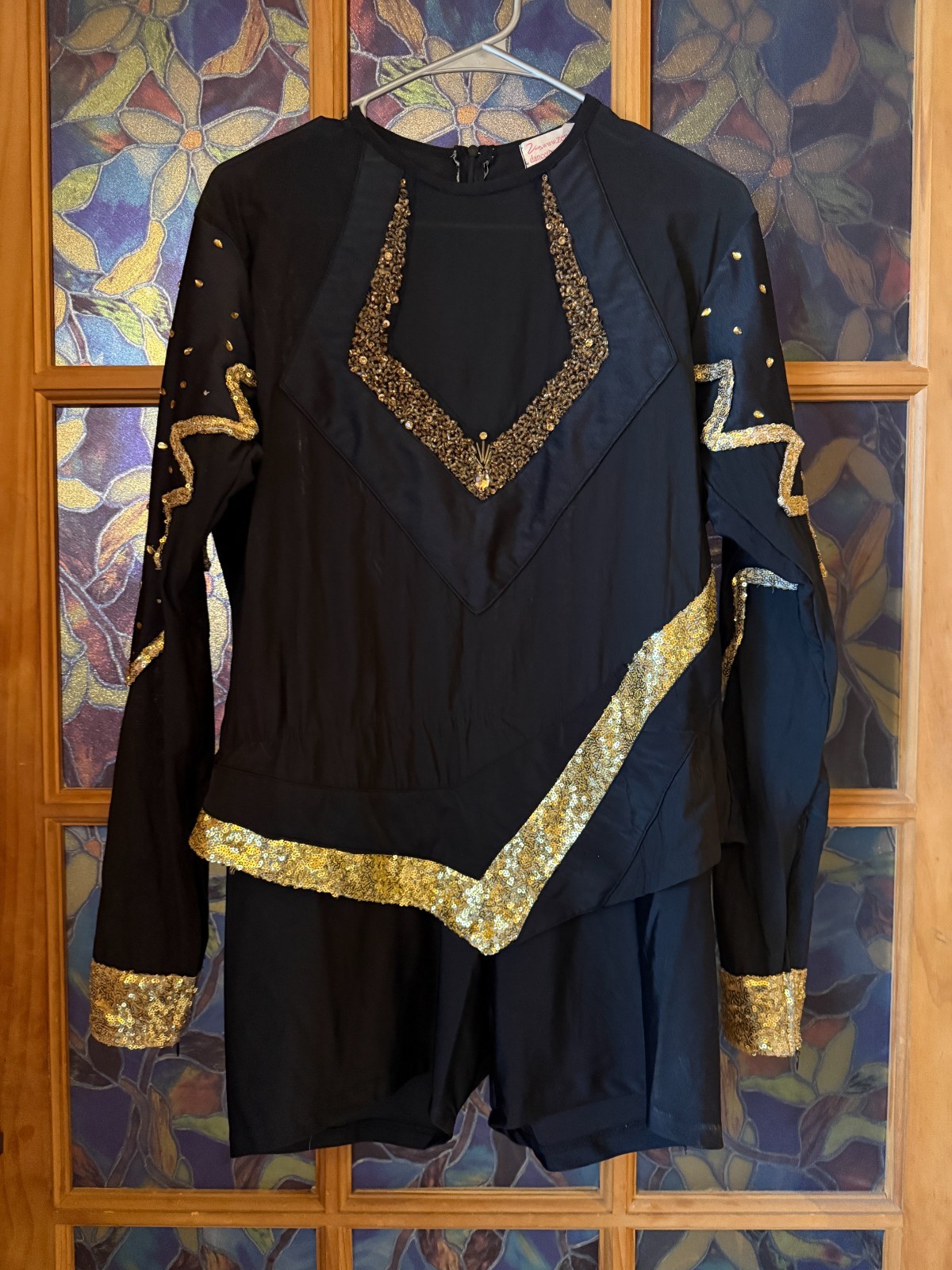 Zenith Dance Troupe Black & Gold Sequin Bead Rhinestone Dance Leotard Majorette