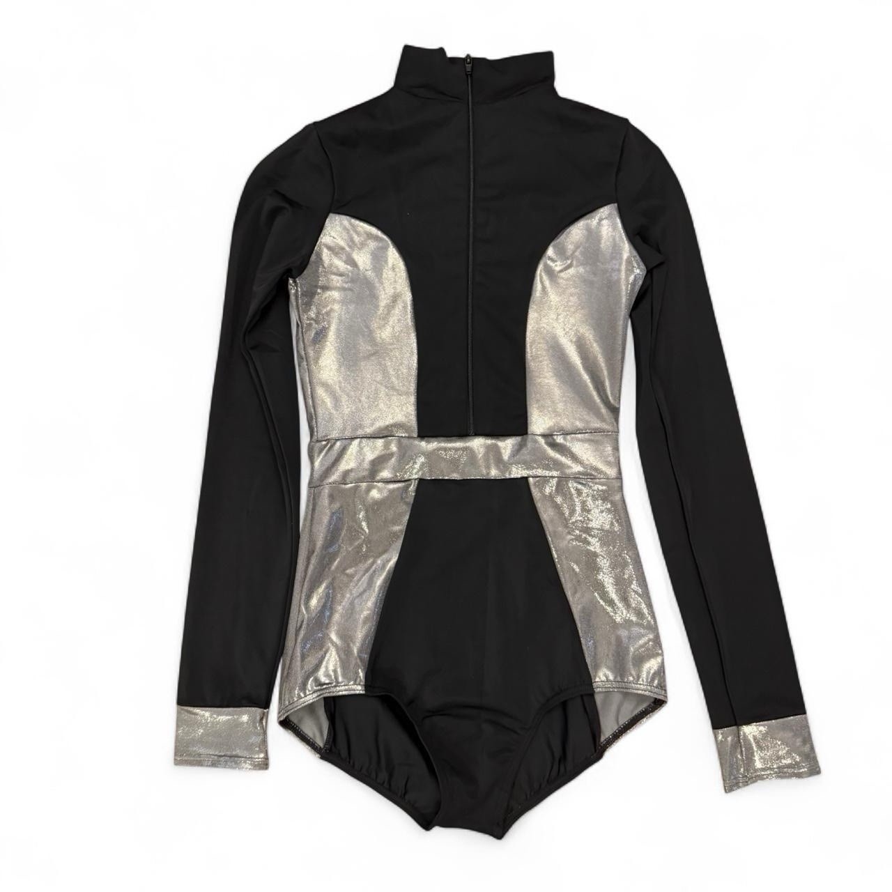 NWOT Balera Long Sleeve Zipper Front Mock Neck Silver/Black Leotard, Sz S Adult