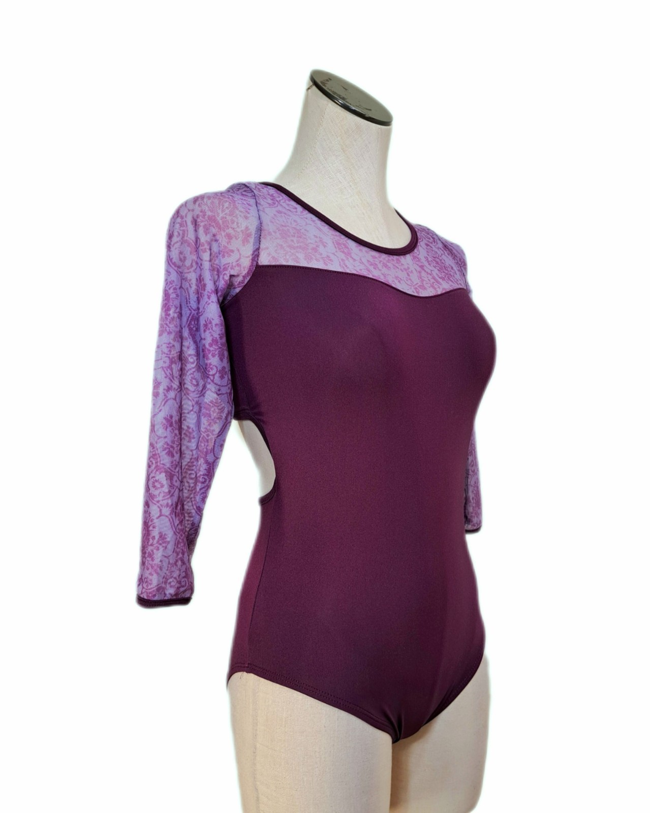 Aja VTG Open Back Cutout Mesh 3/4 Sleeve Leotard Built-in Bra Purple Plum AM