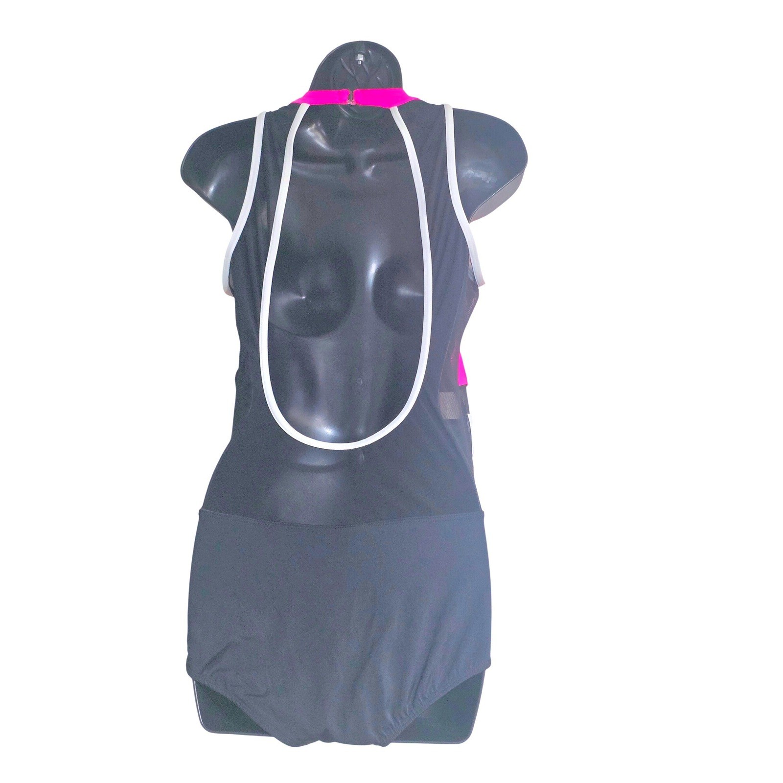 Kandi Kouture Neon Pink Black White Colorblock Dance Leotard AL High Neck Mesh