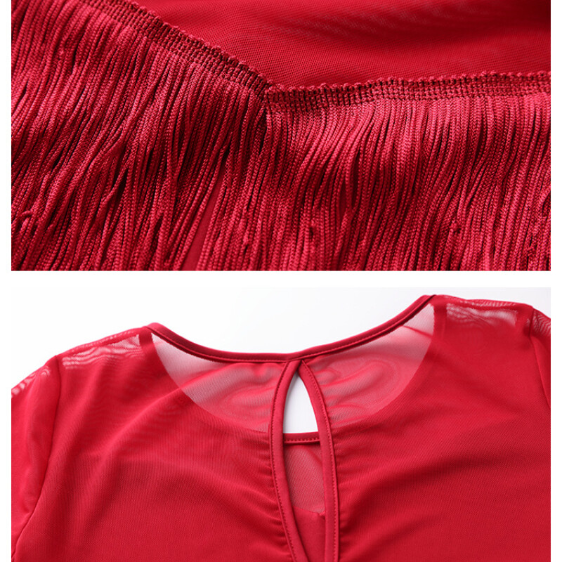 Women Tassel Dancewear Mesh Latin Dance Dress Ballroom Short Sleeve Tango