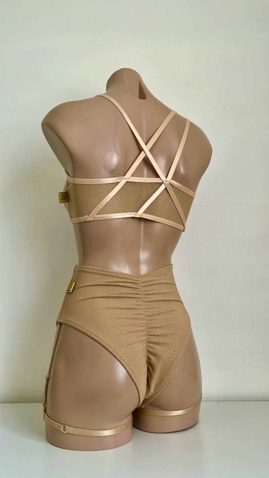 Schminke 👄 pole dance wear sheer nude gold mesh crop top & bottoms high waist