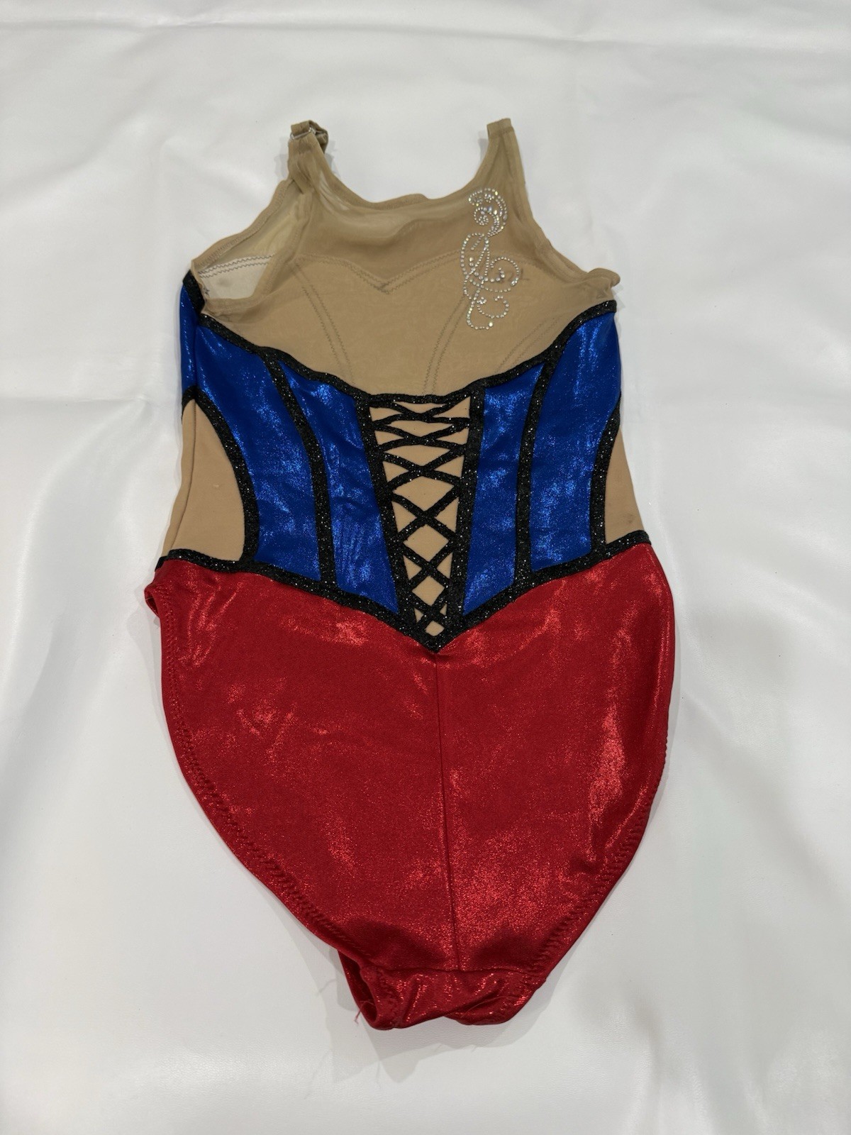 Leotard Rhythmic Gymnastics Red and Blue Handmade Rhinestones Dance Womens S/M