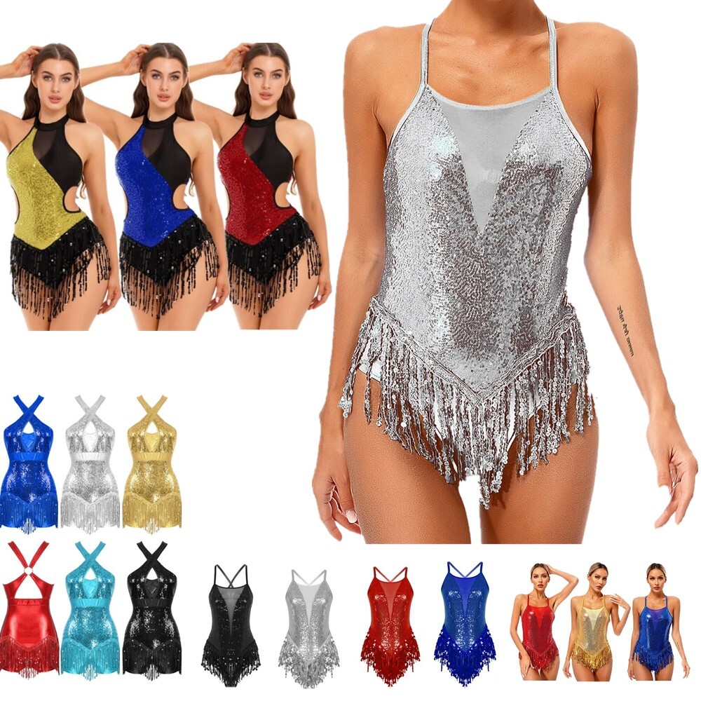 US Women Sequin Tassel Latin Jazz Dance Leotard Dress Sleeveless Fringe Bodysuit