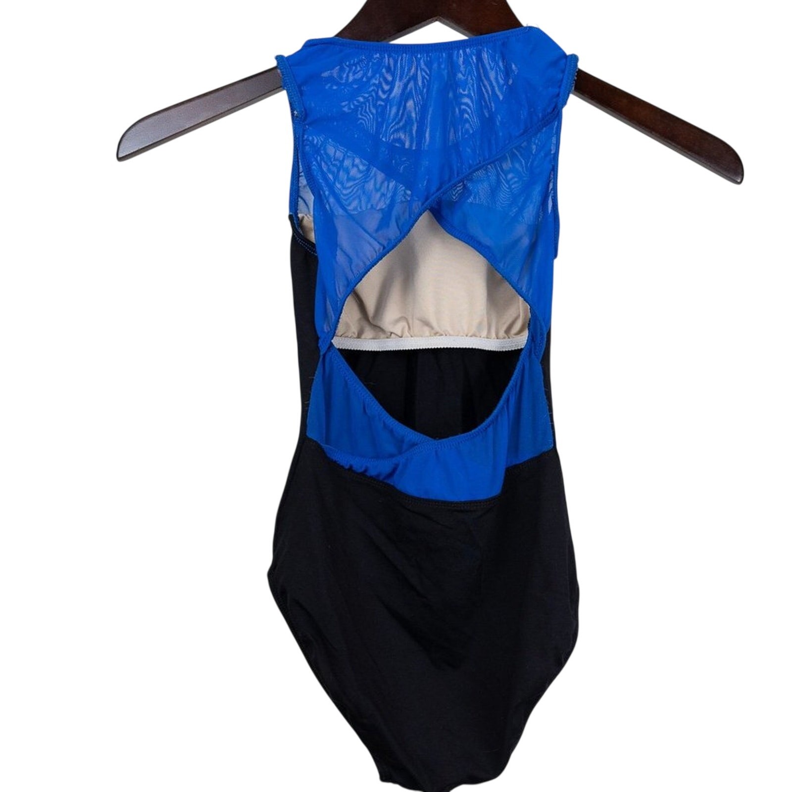Danzmotion blue/black color block tank leotard, size XS.