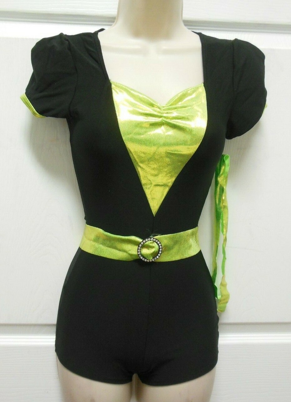 Black Cap Sleeve Jazz Shorty Unitard Hot Lime Dance Costume Small Adult