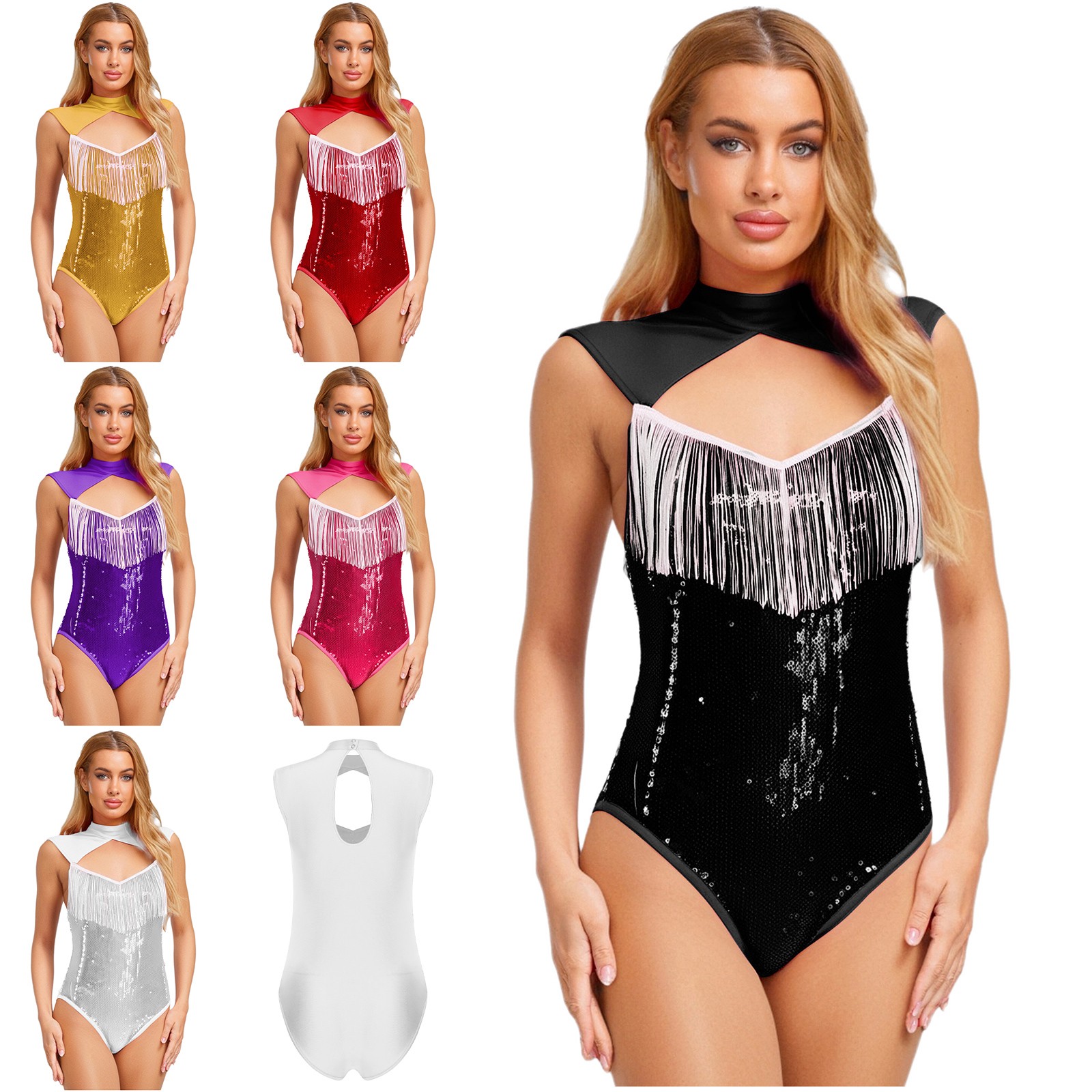 Womens Sleeveless Sequin Jazz Dance Bodysuit Sparkly One Piece Stage Performance