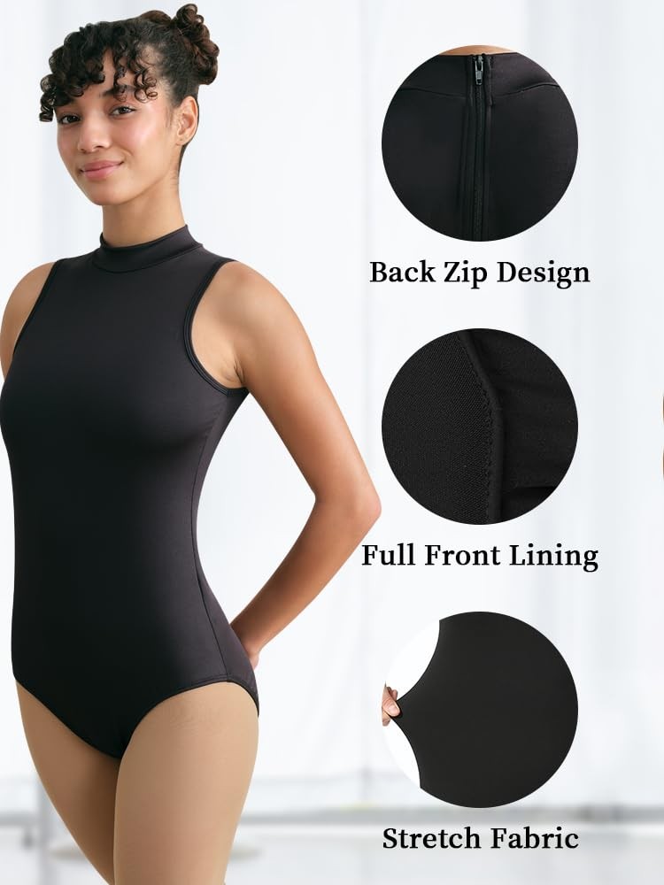 Womens Turtleneck Leotard Dance Ballet Tank Back Zipper Full Front Lining