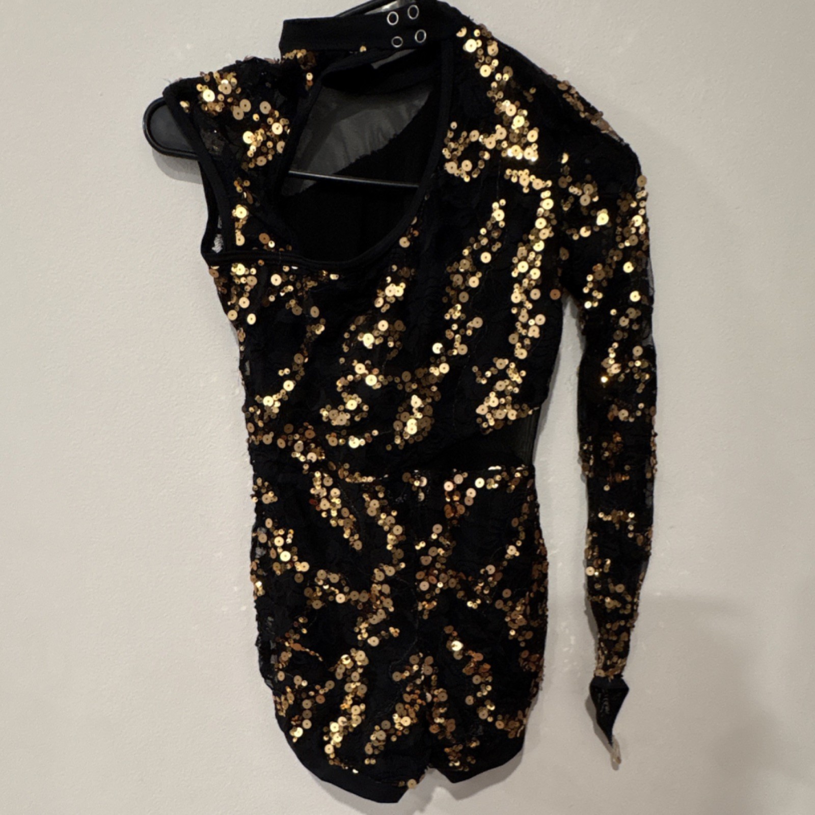 Weissman LC Black Gold Sequin Geometric Print Long Sleeve Dance Leotard