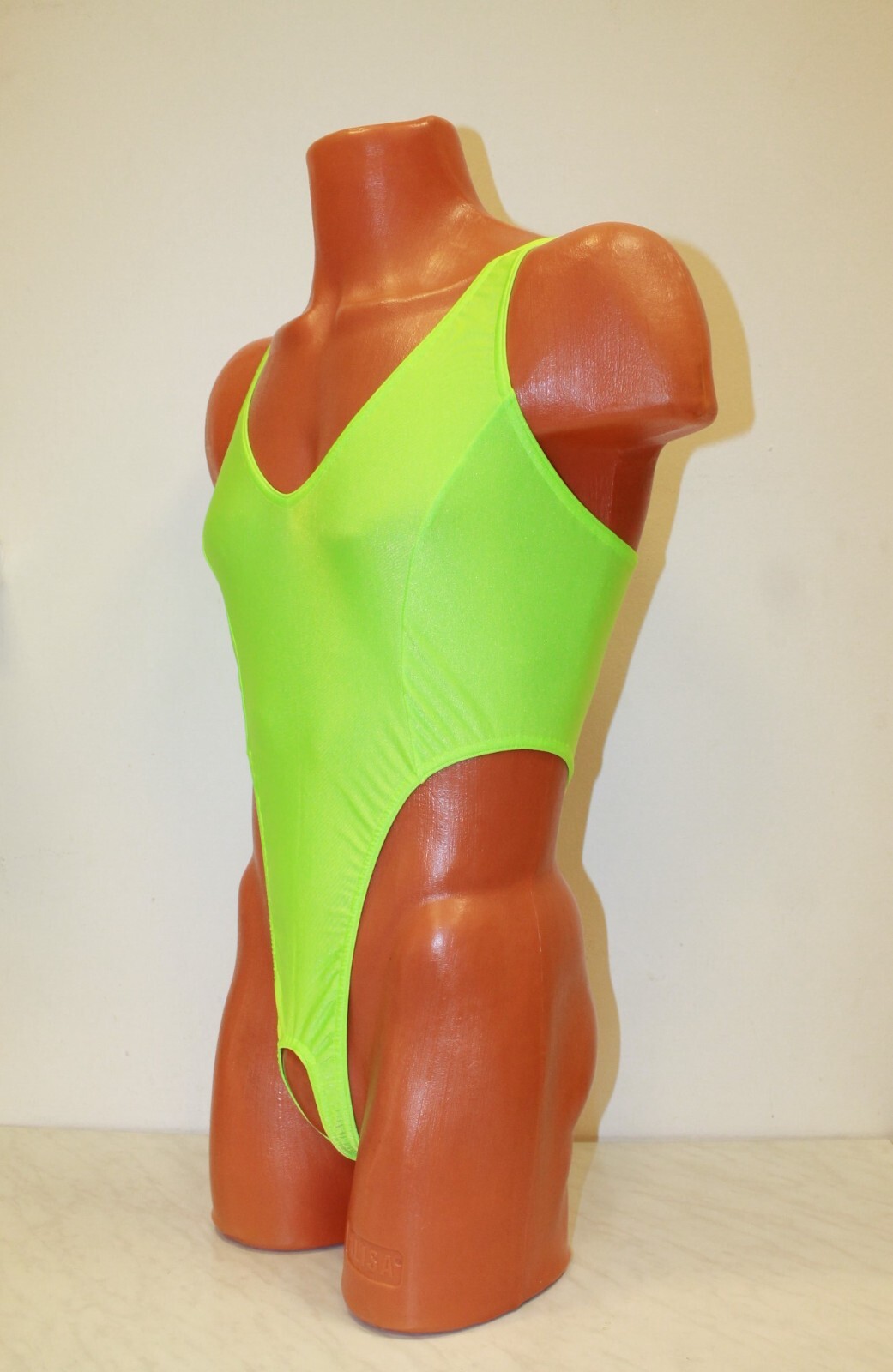 Men Thong Leotard 151-50 Hole Crotch Black and Lime Neon Spandex Size L