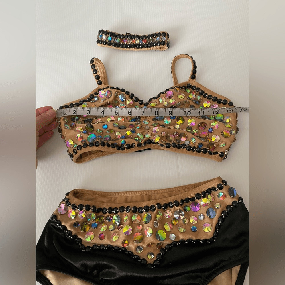 Glamour gold black solo 2 piece embellished Dance Costume Leotard XLC child