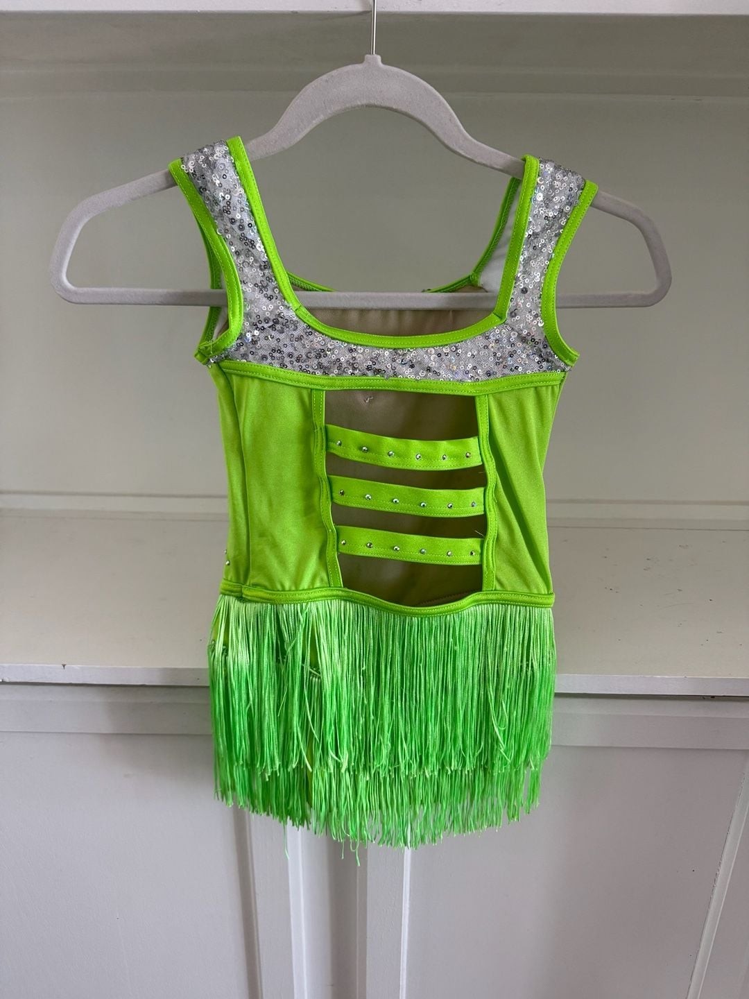 WEISSMAN Neon Green Sleeveless Dance Leotard with Fringe