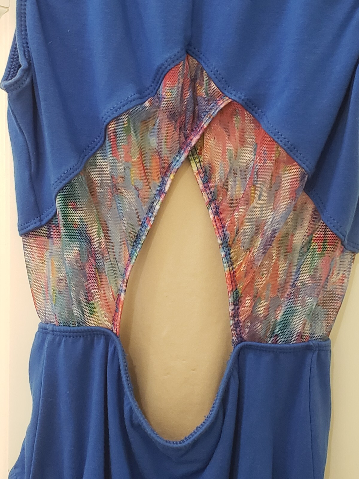 Blue Dance Leotard with Printed Chiffon Cutouts – Women’s Medium