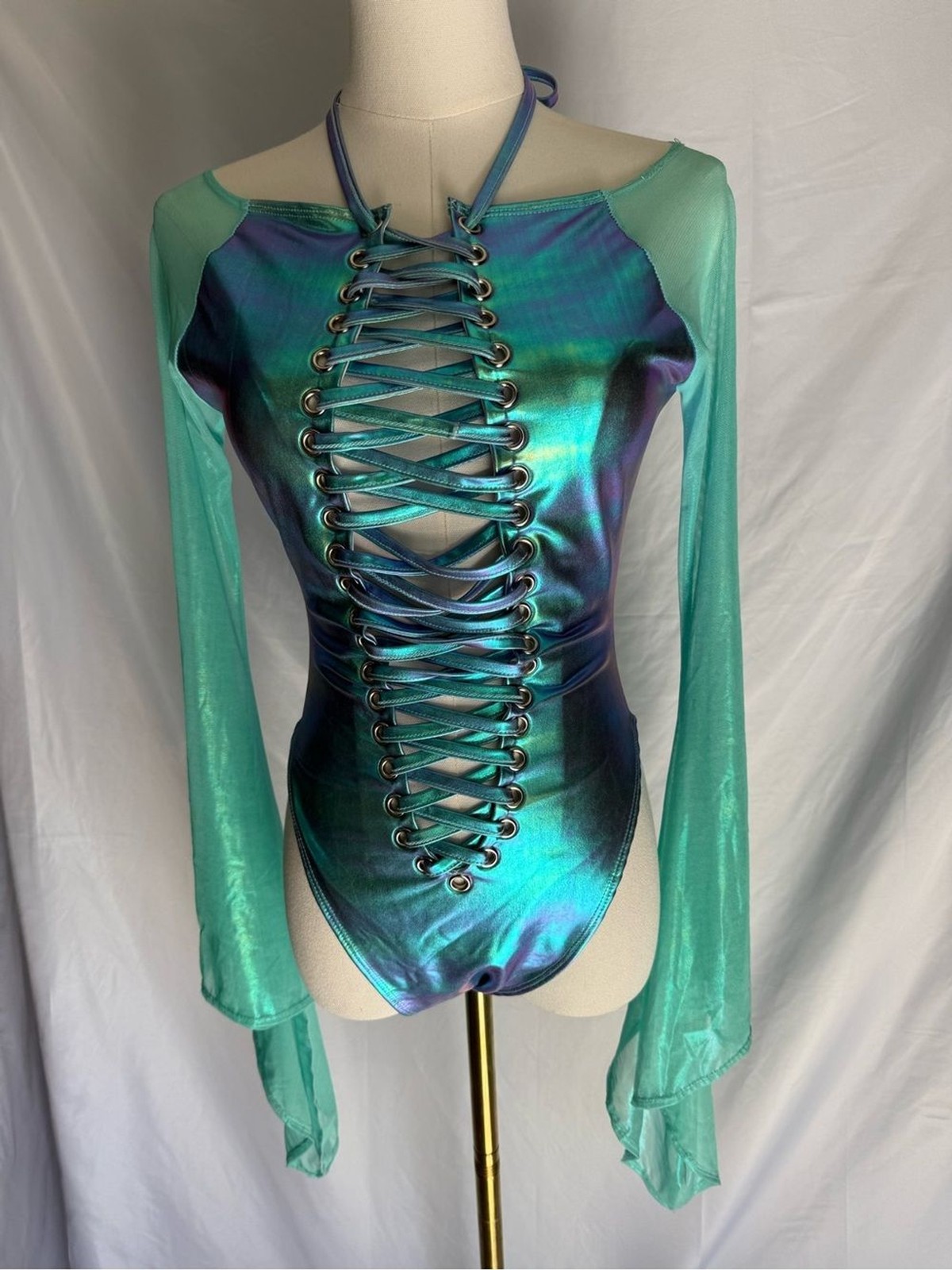 J. Valentine Metallic Iridescent Lace Up Rave Bodysuit Turquoise Green L/XL
