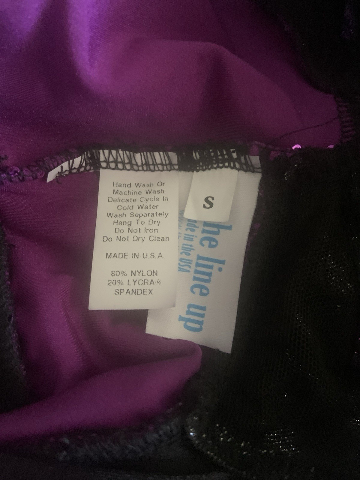 Small contemporary, solo, unitard, The Lineup Purple/black Mesh Sleeves Sides