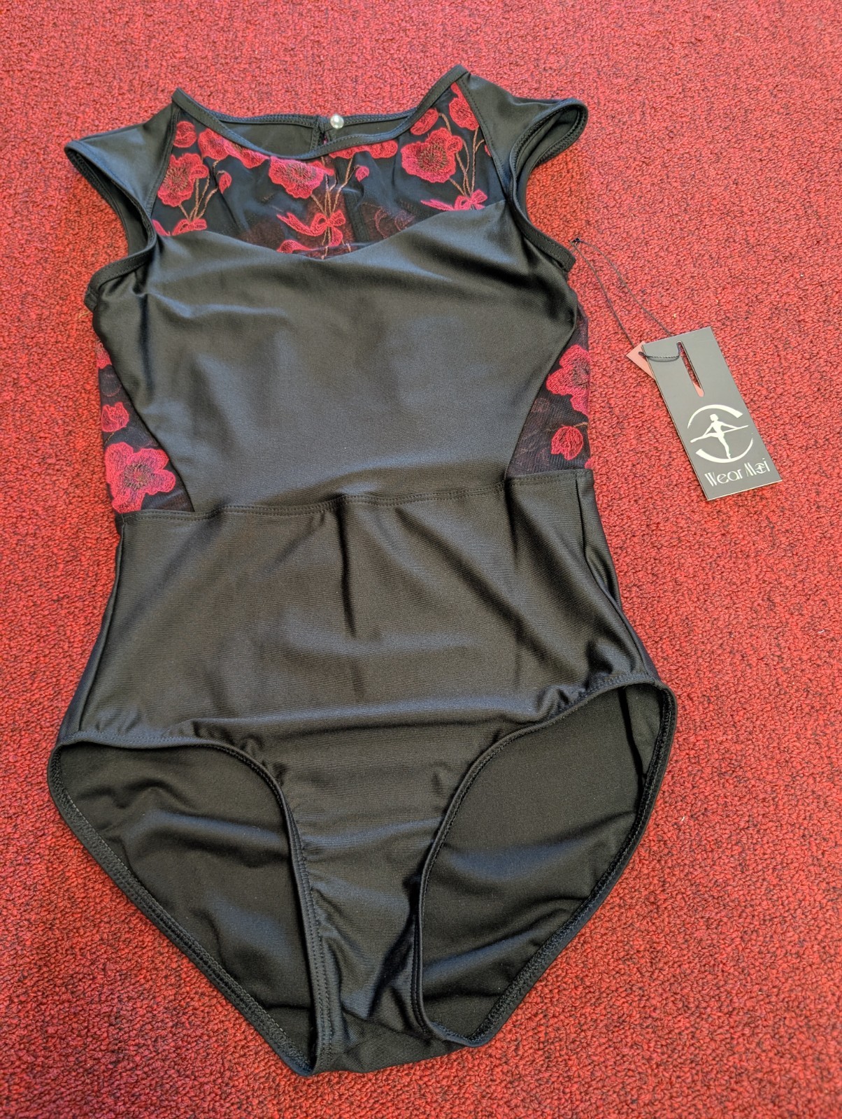 Wear Moi Muscari Black With Red Floral Mesh Lace Cap Sleeve Leotard Ballet